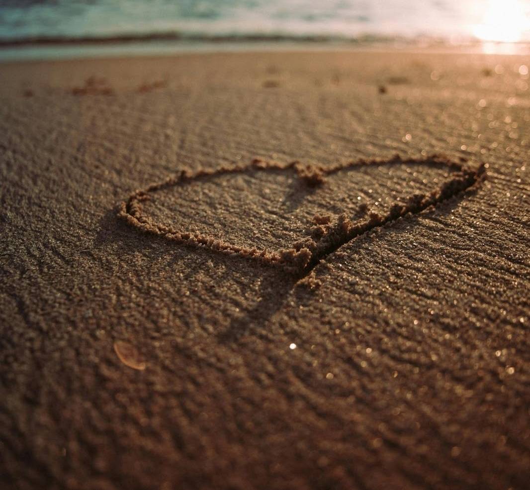 Heart drawn in beach sand.